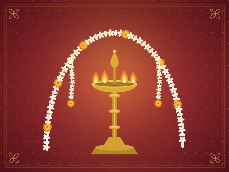 சிவப்பு, பொன்னிறப் பின்னணியில் குத்துவிளக்கும் மல்லிகைப் பூ மாலை வளைவும் கொண்ட ஓவியம்